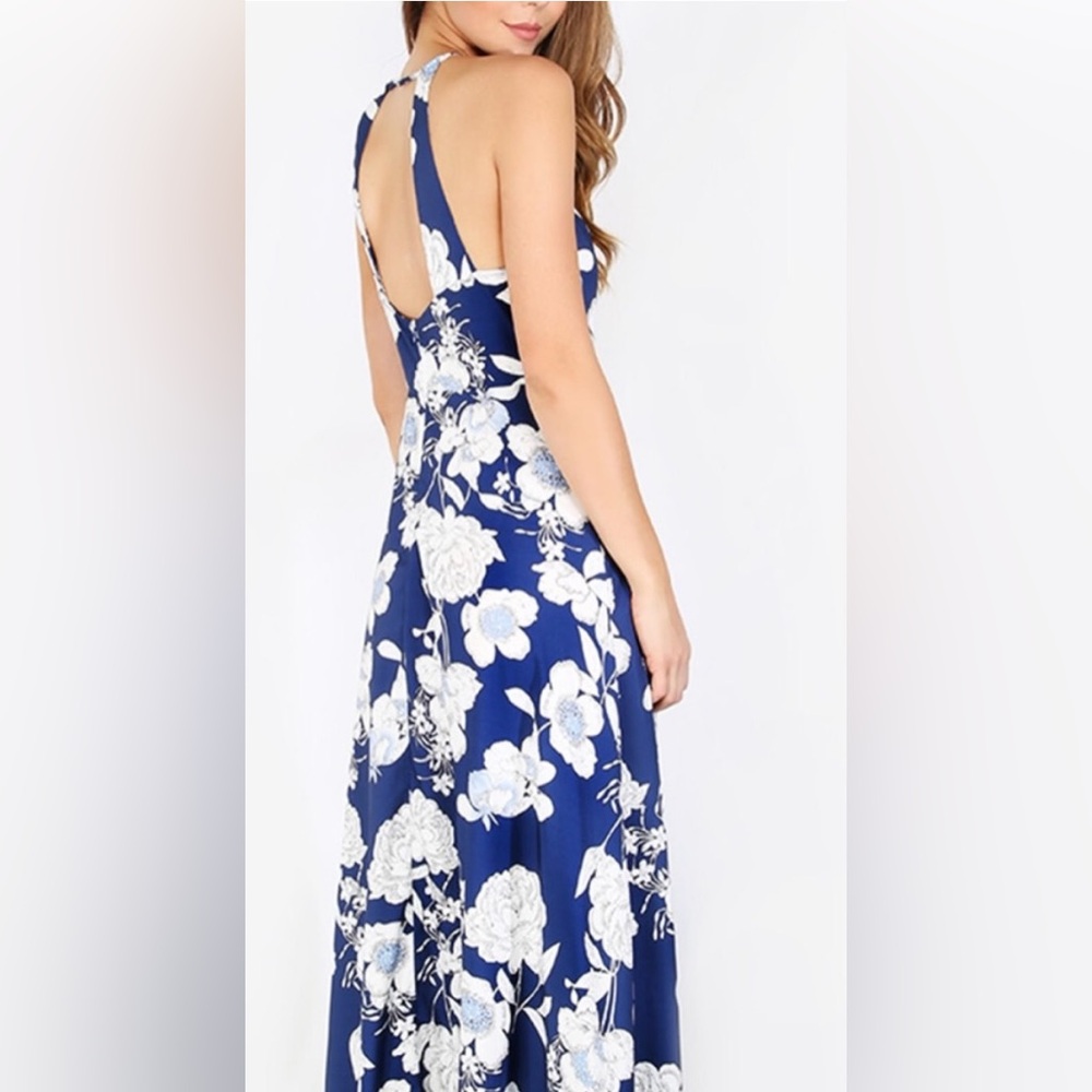 Blue floral A-line maxi dress with an open back